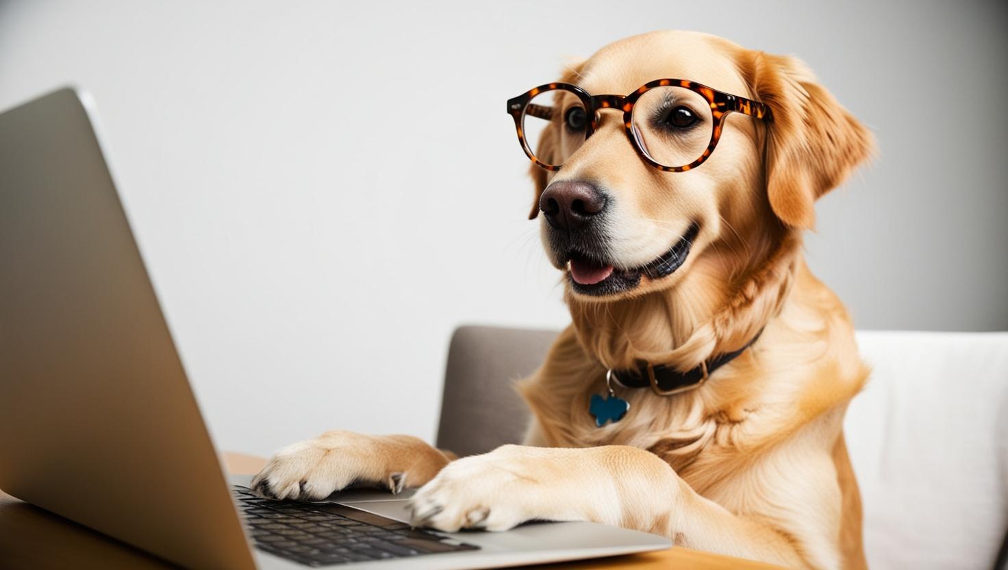 The dog with retro glasses write e-mail. Profile picture.  2